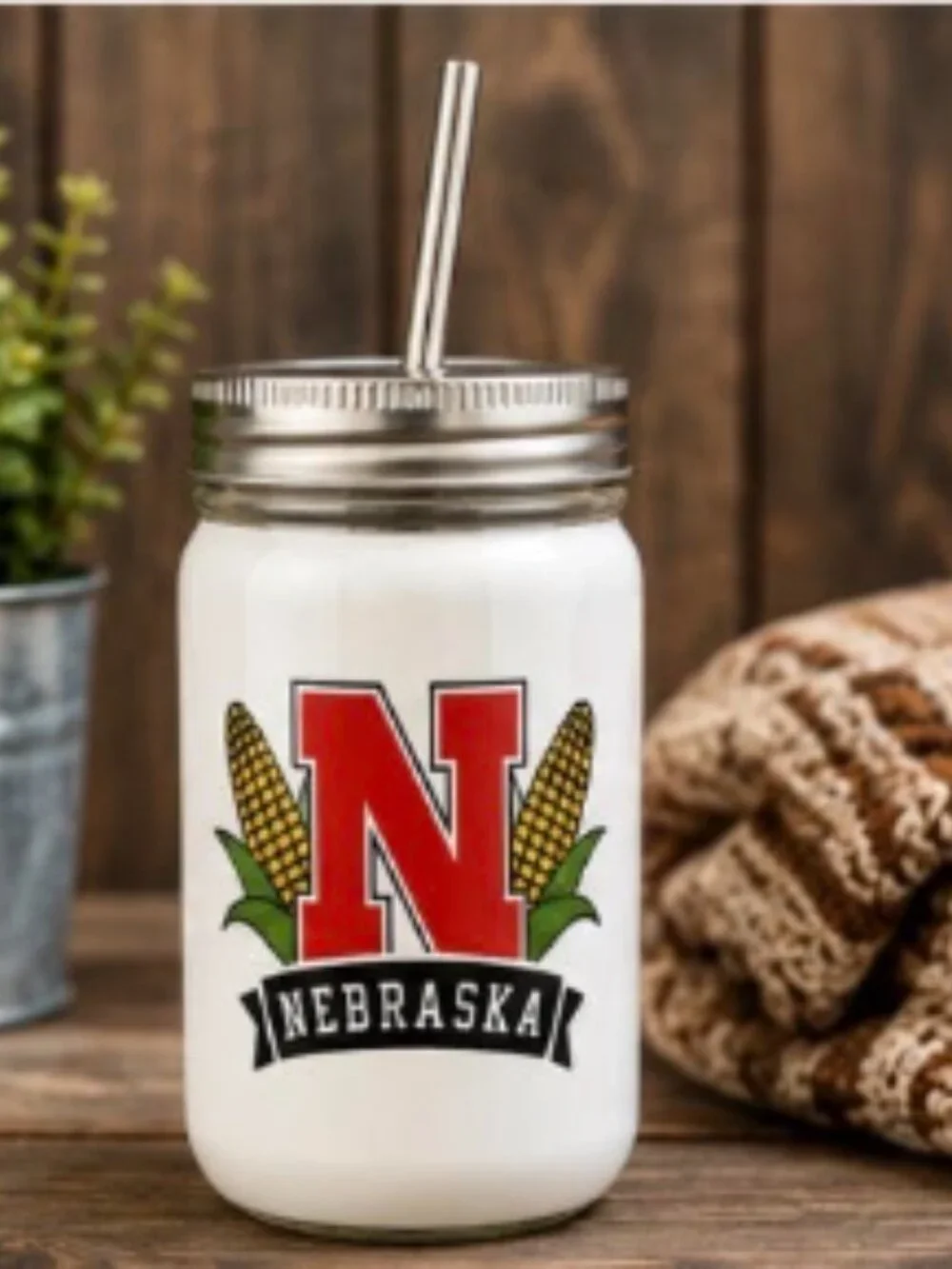 N Nebraska White Mason Cup w/ Straw